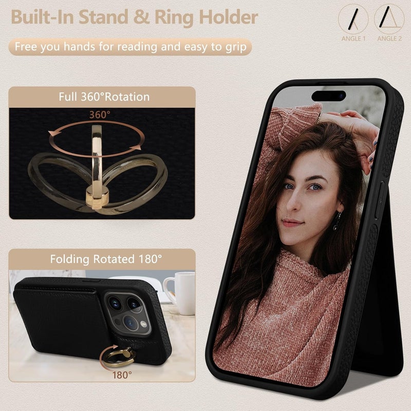 Keallce Case for iPhone 15 Pro 6.1'', Detachable Crossbody Case Wallet with RFID Blocking Card Holder, 360?Ring Stand, Folio Leather Phone Cover Shoulder Lanyard Strap Lady for iPhone 15 Pro 5G, Black - Image 5